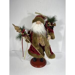 Standing Santa‎ Claus Red Velvet Coat Holding Golden Staff 16” On Wooden Stand